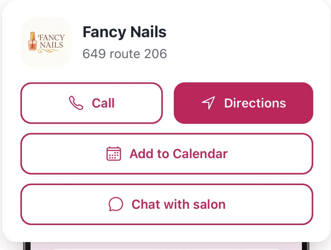 Appointment actions in RaLy: Call, Directions, Add to Calendar and Chat with salon.