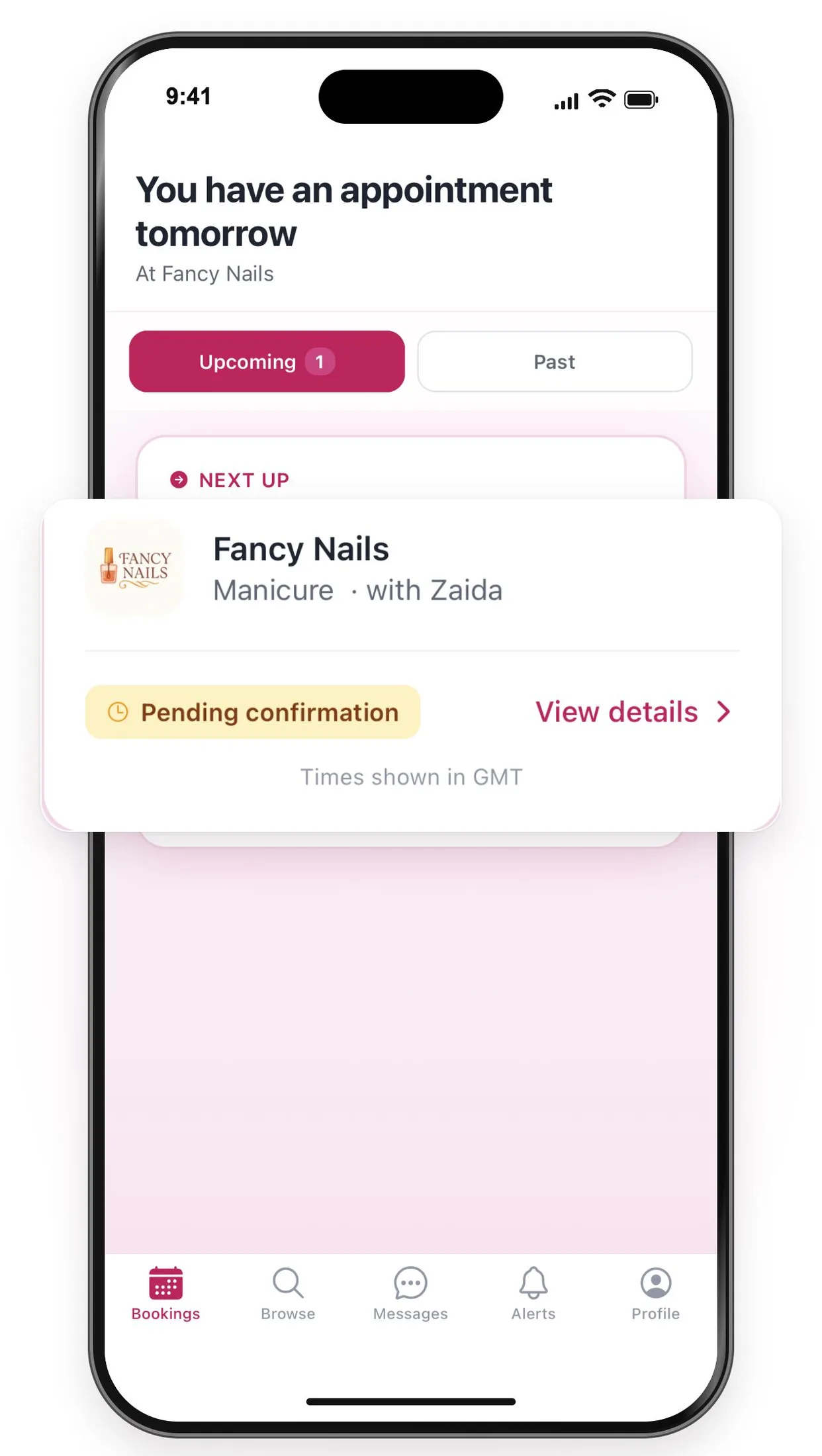 The RaLy bookings screen with Upcoming and Past tabs and a card reading Fancy Nails, manicure with Zaida, marked pending confirmation.