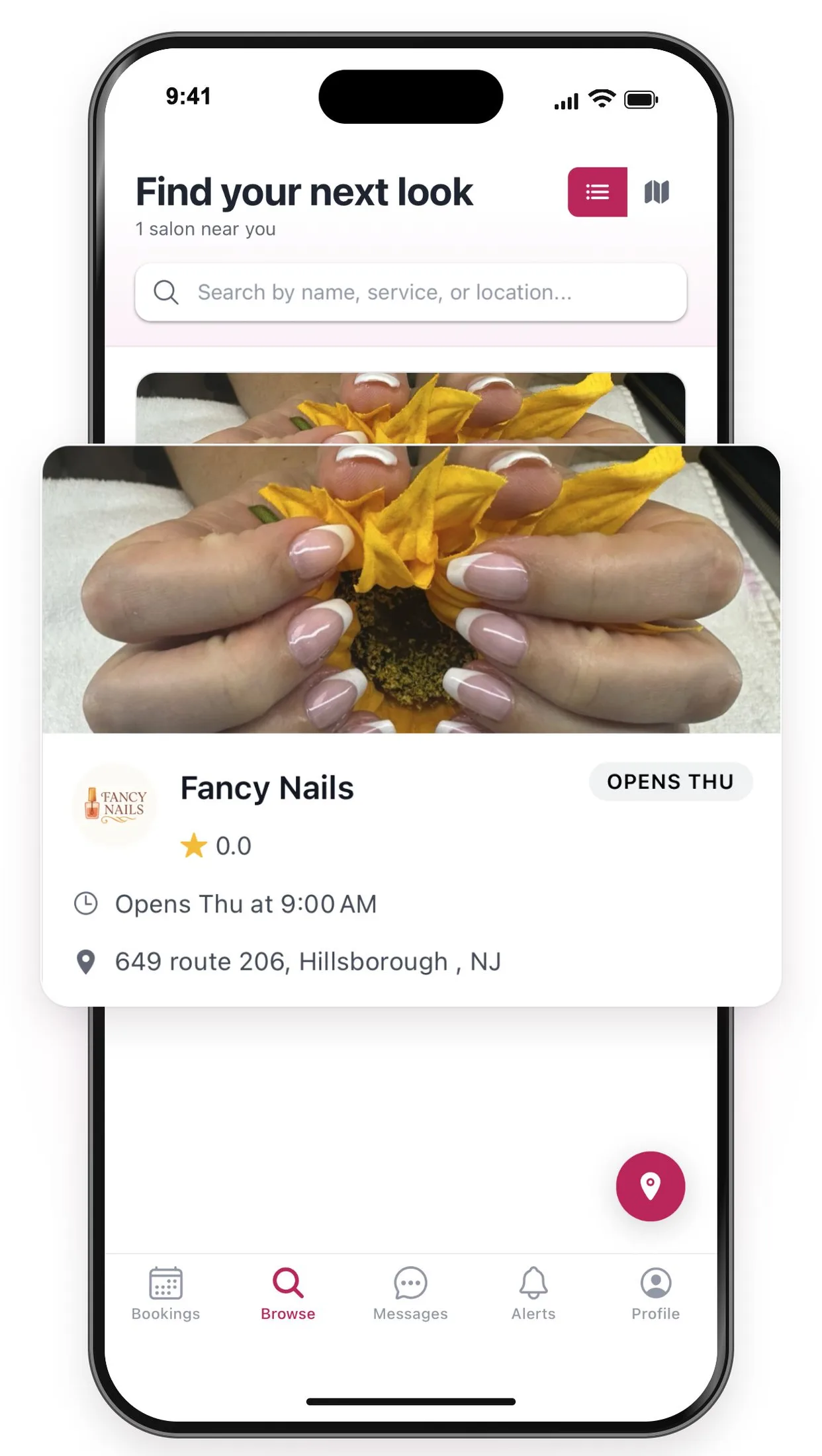 The RaLy browse screen: a search field for name, service or location, and a salon card showing the salon photo, opening hours and address.