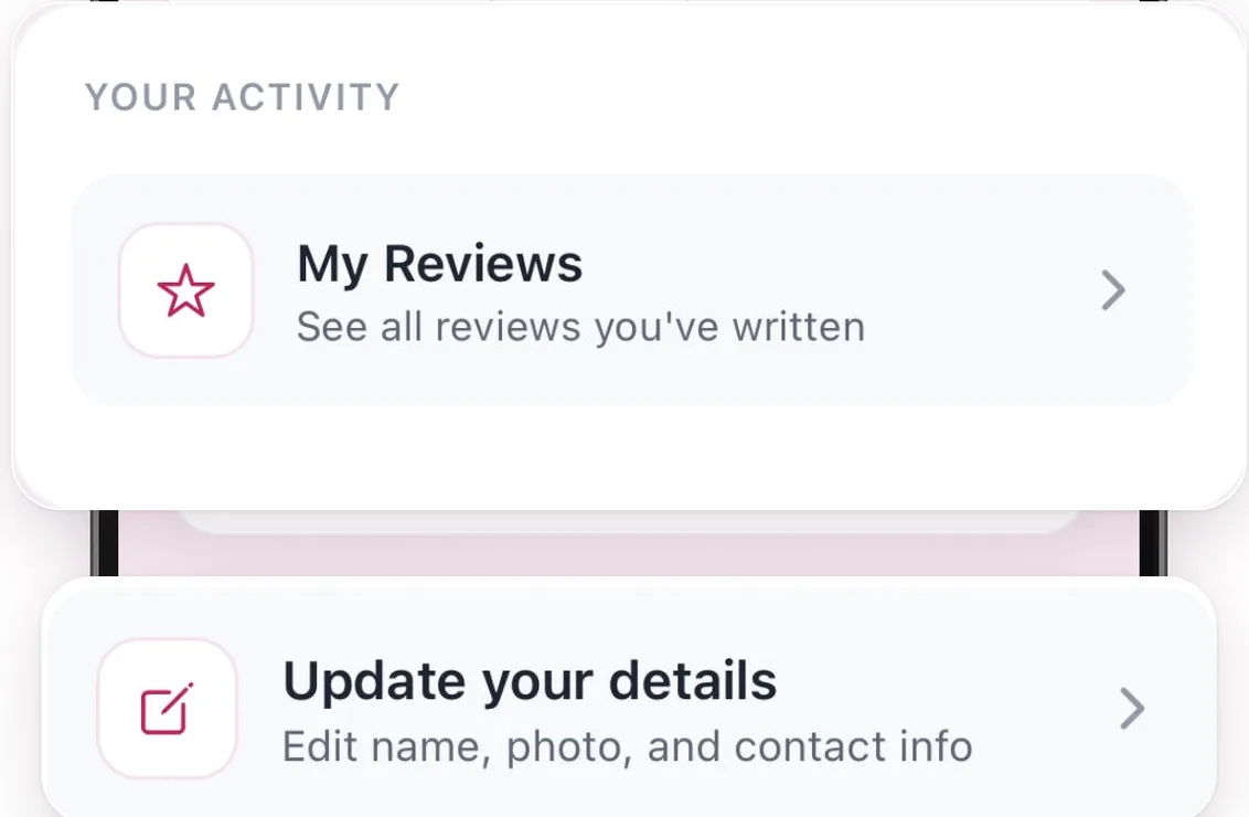 The RaLy profile screen showing My Reviews, for reviews you have written, and a link to update your name, photo and contact details.