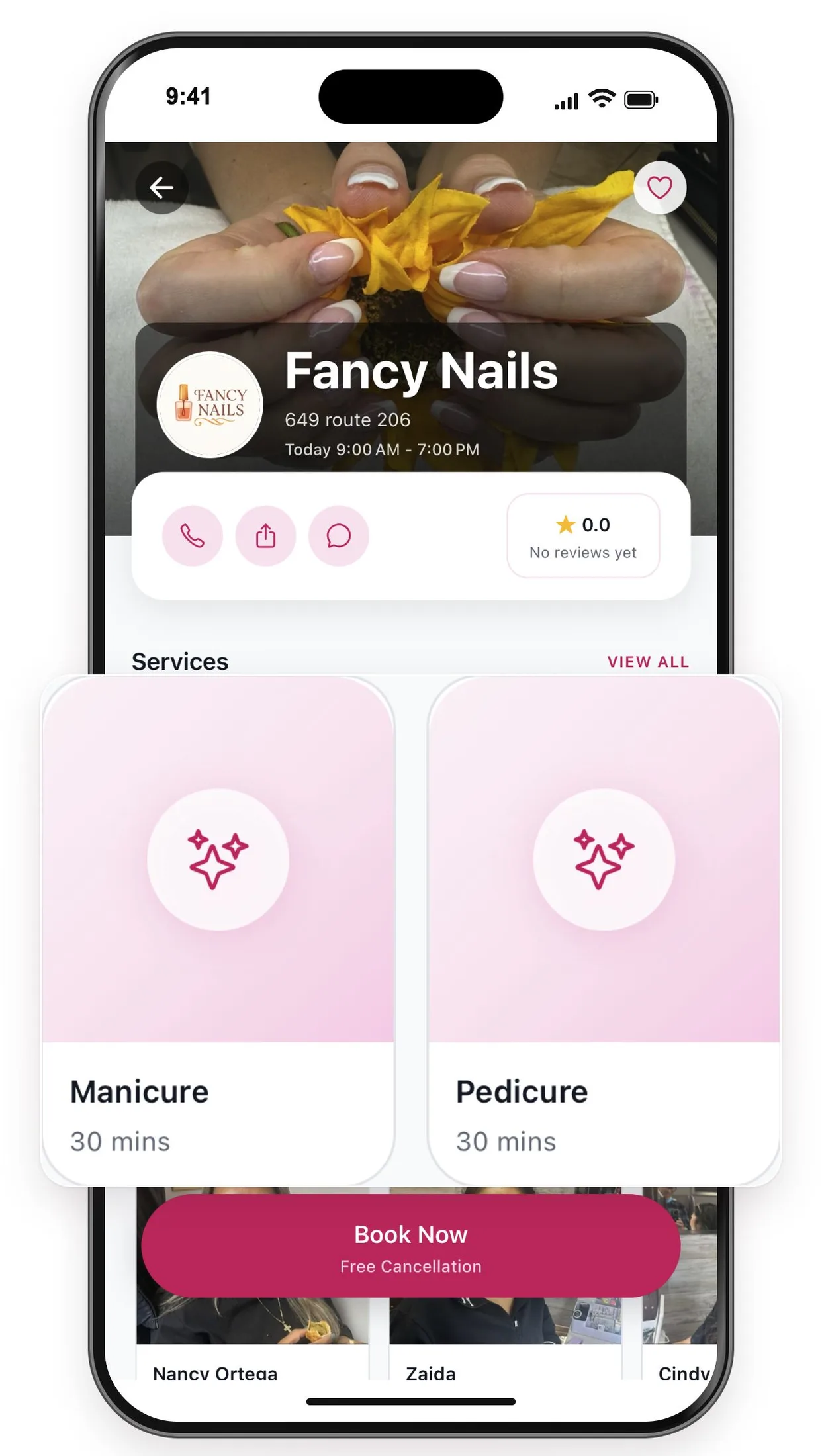 A salon page in RaLy showing the cover photo, address, today’s hours, and service cards for a 30-minute manicure and pedicure.
